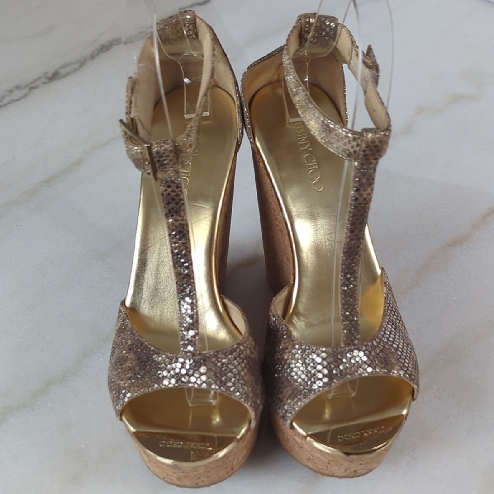 Jimmy Choo Metallic Leather T-Strap Sandals Size 8 - Picture 9 of 14